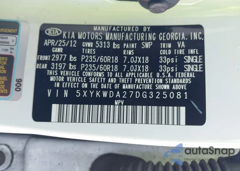 2013 Kia Sorento Sx V6 from USA, damaged, VIN 5XYKWDA27DG325081